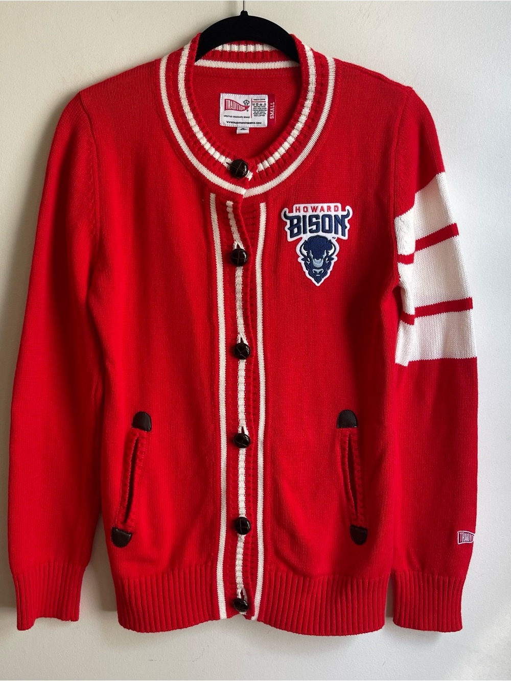 NWOT Men's Howard Bison Red Knit Cardigan Sweater Patch College Preppy Small